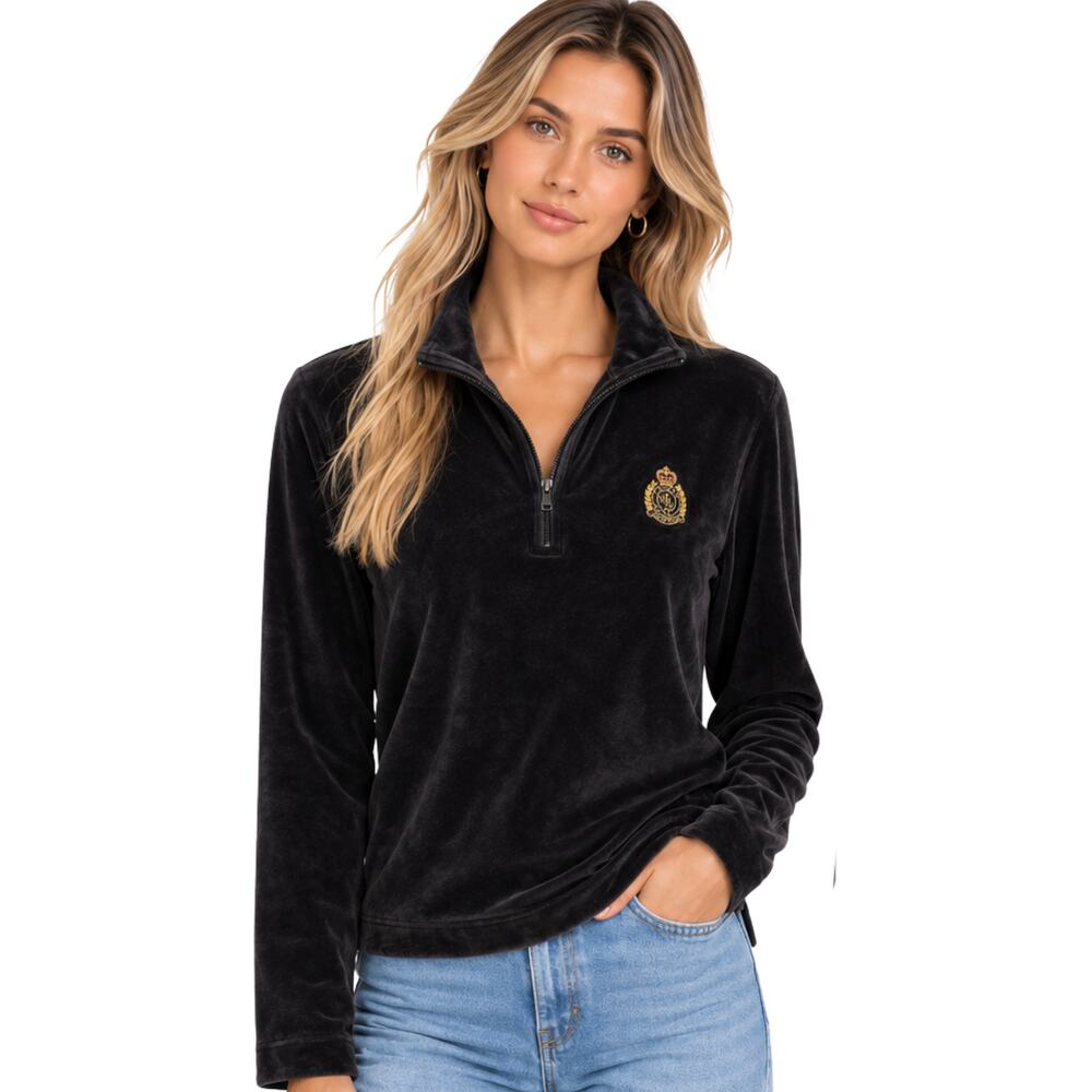 Ralph Lauren Black Velour Crest Quarter Zip Pullover EUC Size Small